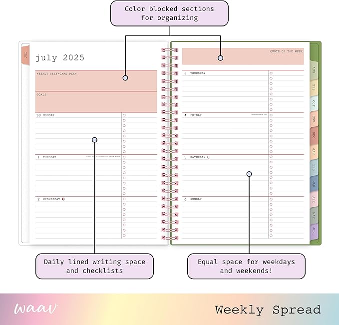 Blue Sky WAAV Weekly and Monthly Academic Year Planner Calendar, July - June, Flexible Cover, Wirebound, Laminated Tabs, Storage Pocket, Includes 20 Extra Notes Pages, Michelle (Michelle- 2025/2026, 5.875" x 8.625")