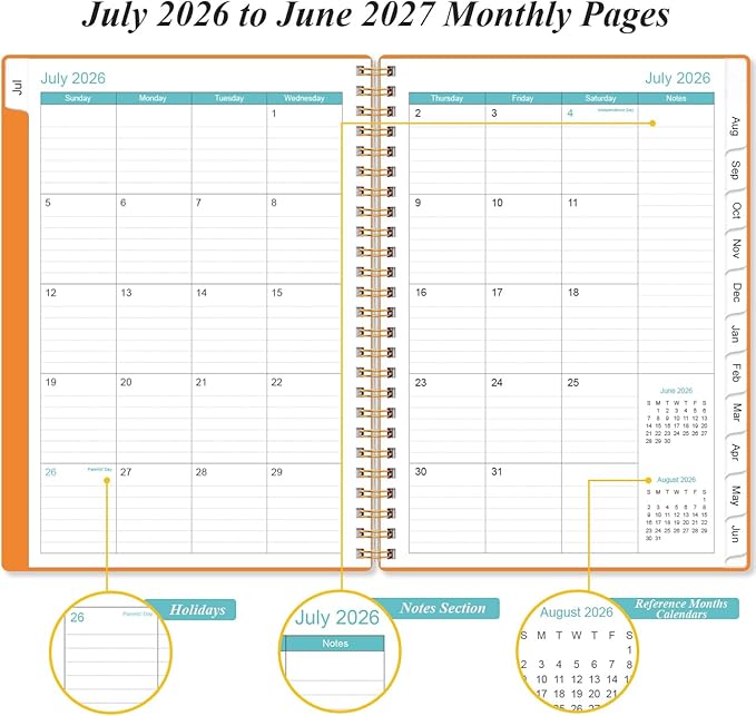 2026-2027 Planner - Weekly and Monthly Calendar Planner from Jul 2026 - Jun 2027, Planner 2026-2027 Spiral Bound with 12 Monthly Tabs, Inner Pocket, Perfect for School Office Supplies, 6.4" x 8.5", Orange-C