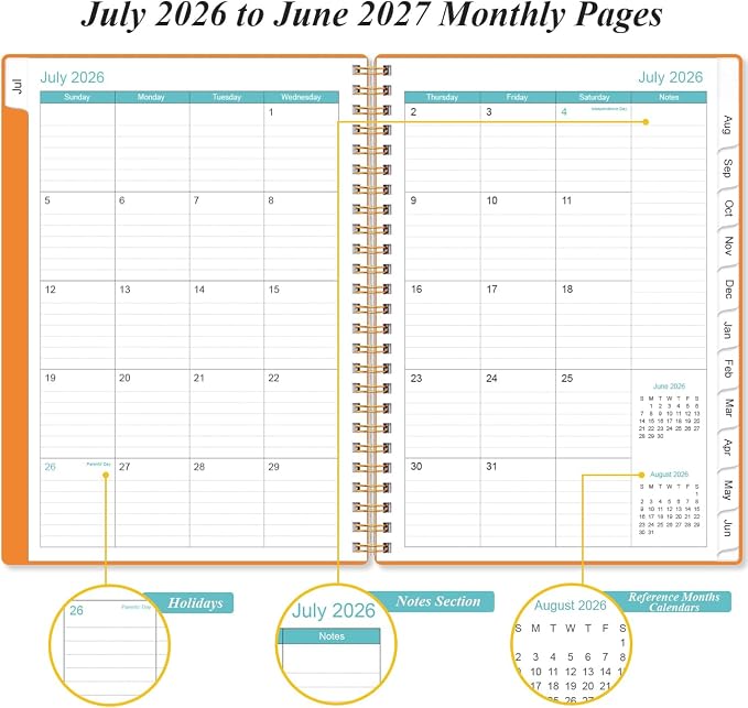 2026-2027 Planner - Planner 2026-2027 from July 2026 - June 2027, Weekly & Monthly Planner Spiral Bound with 12 Monthly Tabs, Inner Pocket, 6.4" x 8.5", Orange-A