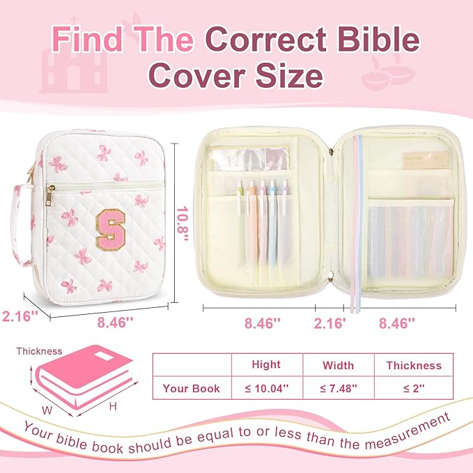 Personalized Initial Bible Cover Case for Women Girls Kid - Large Quilted Bible Case with Handle, Stylish Chenille Letter Bag Study Supplies, Perfect Christmas Gifts for Christians Women (Pink Bow-S)