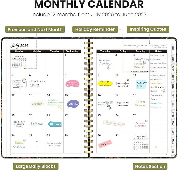 Planner 2026–2027, Academic Planner Weekly and Monthly Calendar Jul 2026 – Jun 2027 Hardcover Planner with Tabs and Pocket, Spiral Bound Agenda Book for Student & Teacher, 6.3" x 8.5", Enchanted Grove