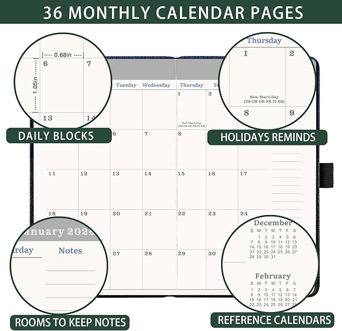 2026-2028 Pocket Calendar/Planner - 3 Year Monthly Pocket Calendar 2026-2028, from January 2026 to December 2028, 6.4" x 3.8", with Elastic Closure, Water Proof Leather - Green