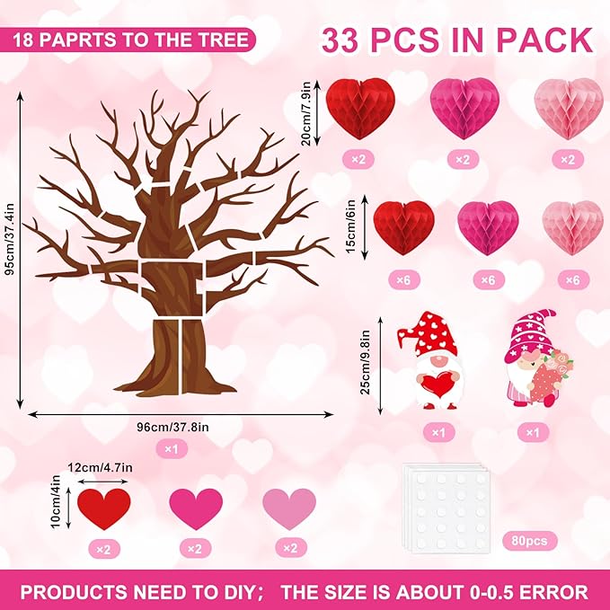 JarThenaAMCS 50Pcs Valentine's Day Bulletin Board Set Classroom Decoration 3 Colors Heart Honeycomb Tree Love Gnome Paper Cutouts with Glue Points for School Wall Door Wedding Anniversary Supplies