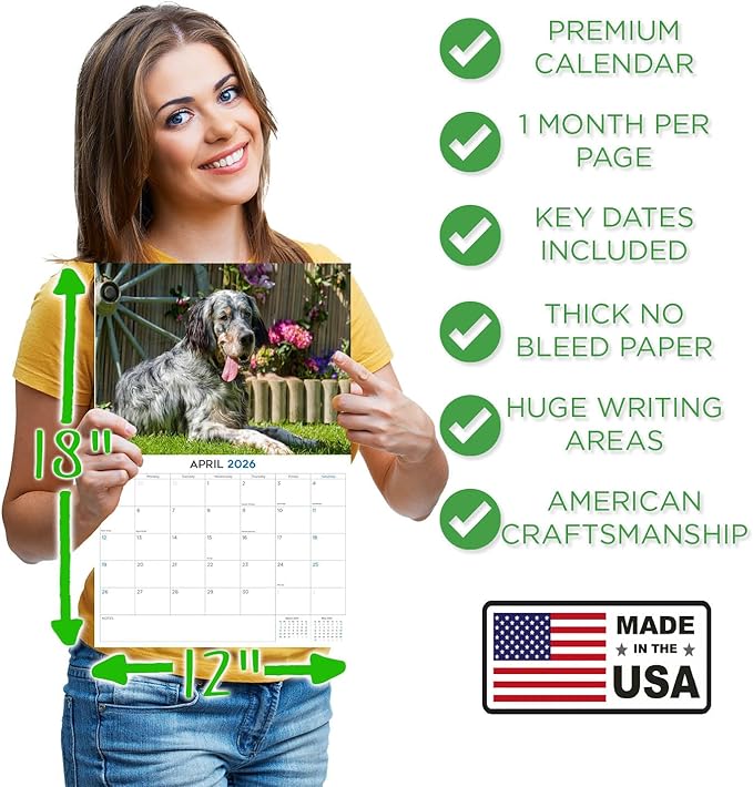 2025 2026 English Setter Calendar - Dog Breed Monthly Wall Calendar - 12" x 18" Open - Thick No-Bleed Paper - Giftable - Academic Teacher's Planner Calendar Organizing & Planning - Made in USA