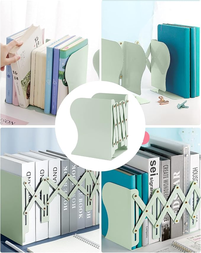 MSDADA Adjustable Bookends, Book Ends for Heavy Books, Expandable Book Organizer for Desk, Shelf, Office, School, for 6 7 8 9 10 11-15 Boys and Girls, Extends up to 19 inches (Macaron Green)