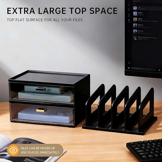 CiWiVOKi Desk Organizer with 4 File Holder Slots, 2 Clear Drawers & Dual Pen Holders, Sturdy Multi-Functional Desktop Storage for Home Office, Mail Sorter & Caddy, Black