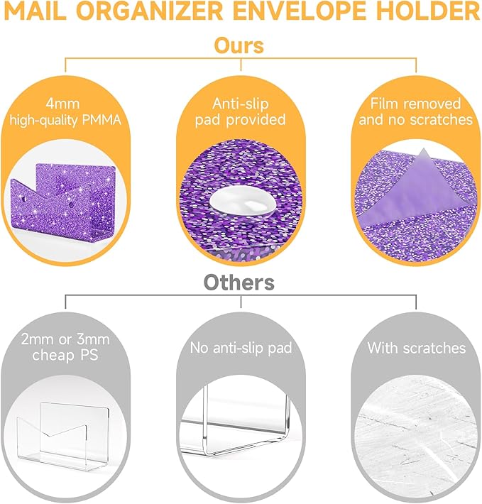 Mail Organizer Envelope Holder - 3 Compartments Glitter Purple Acrylic Mail Holder Countertop Vertical Desk Organizer Small File Bill Document Notebook Letter Sorter for Home School Office
