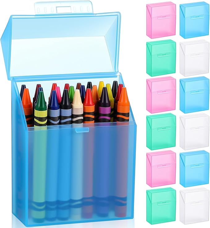Clabby 12 Pcs Plastic Clear Crayon Box Bulk Holds 24 Crayon With Hinged Lid and Snap Closure for Pens School Office Supply Organization (Pink,Blue,Green,Clear)