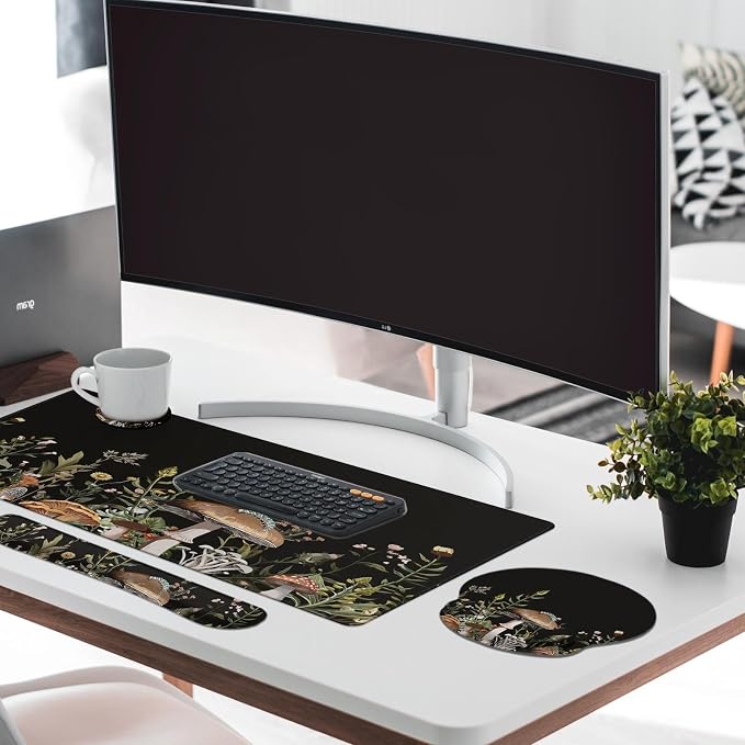 Britimes Black Mushroom Floral Keyboard Mouse Pad Set Plant Flower 4in1 Large Mousepad+Keyboard Wrist Rest+Mouse Wrist Rest+Coaster Ergonomic Design for Home Office Computer 35.4x15.7 inches