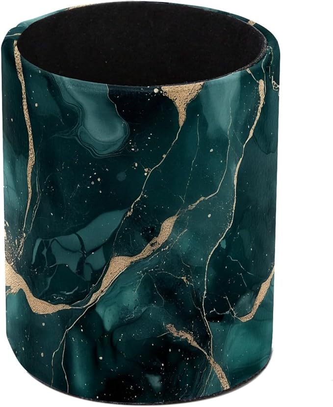 Emerald Green Marble Pen Holder Pencil Organizer Cute Pencil Cup Desk Decor Makeup Brush Holder PU Multifunctional Office Supplies for Home Classroom School