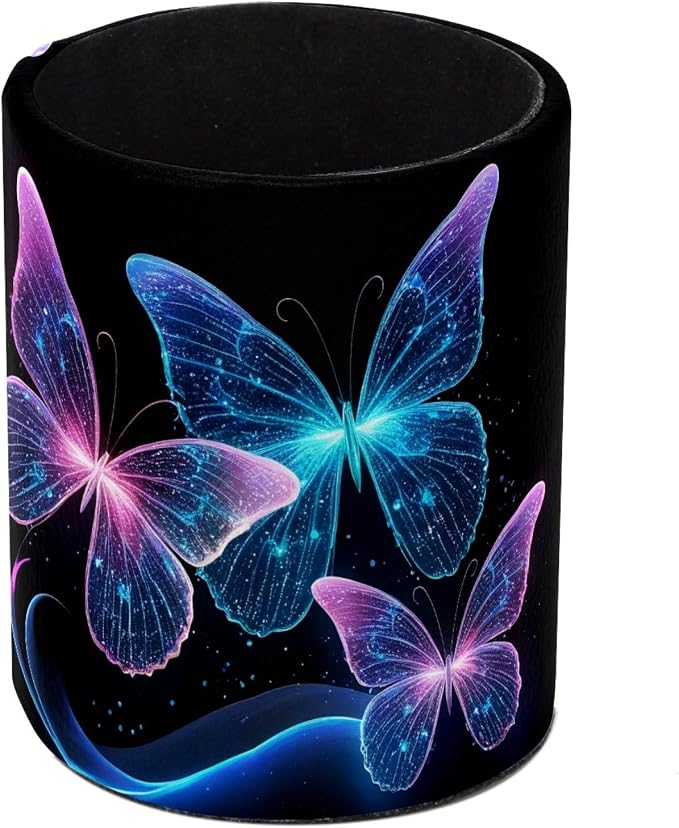 Leather Pen Holder for Desk, Blue Glitter Butterfly Makeup Brushes Holder Pencil Cup Multifunctional Desktop Organizer Caddy for Home School Office Desk Accessories