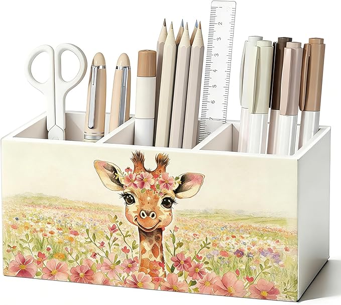 Giraffe Cottagecore Flower Pen Pencil Holder for Desk, Giraffe Gifts for Women, Animal Lovers Gifts Wooden Box Sign Decorations for Girls Room Bedroom Home Office Desk Tabletop