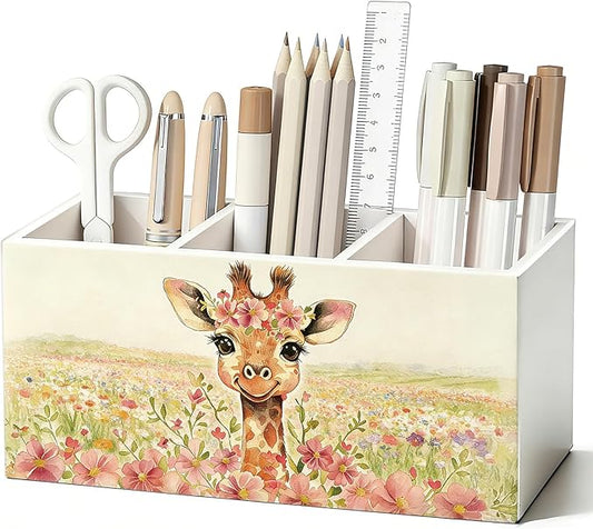 Giraffe Cottagecore Flower Pen Pencil Holder for Desk, Giraffe Gifts for Women, Animal Lovers Gifts Wooden Box Sign Decorations for Girls Room Bedroom Home Office Desk Tabletop