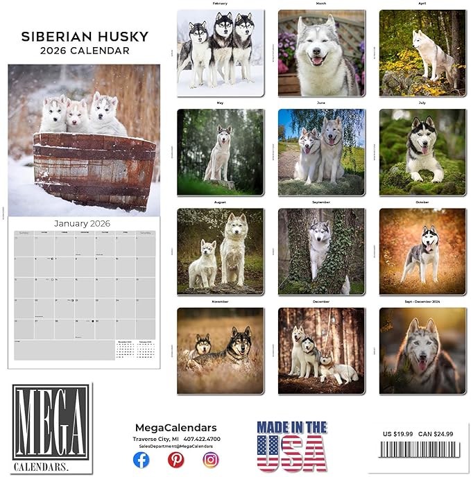 Siberian Husky Calendar 2026 – 16-Month Dog Breed Wall Calendar by MegaCalendars – Large Daily Blocks, Thick No-Bleed Paper, Made in USA