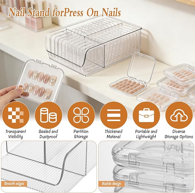 30 Pcs Press On Nail Storage Box, Acrylic Display Case, Packaging Box for Nail Art, Large Stackable, All-In-One Box, 120 Pcs Double Sided Adhesive Nail Display Tape
