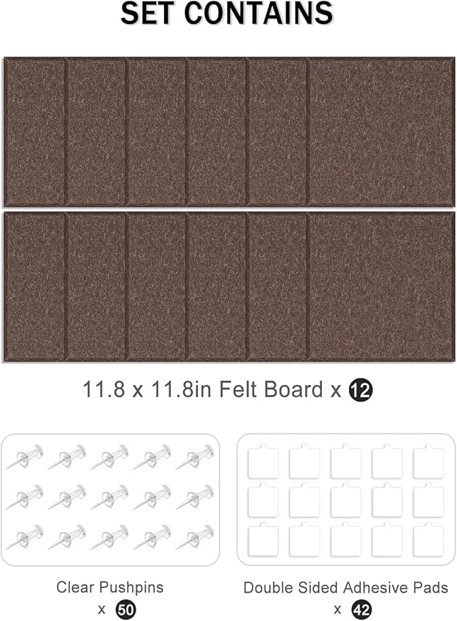Hsurbtra Large Cork Board for Wall 47 x 36 Inch, 12 Pack Felt Bulletin Notice Board with Pushpins for Office Home School Farmhouse Wall Decor, Brown