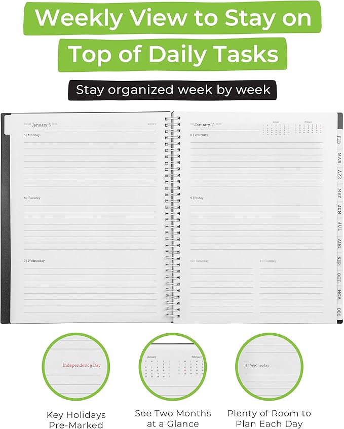 WallDeca 2026 Planner, Agenda Planner With Weekly And Monthly View, Daily Agenda Book And Yearly Planners Calendar Book, Spiral Bound With Tabs, Notes, Goals And Holidays (8.5 x 11 in)
