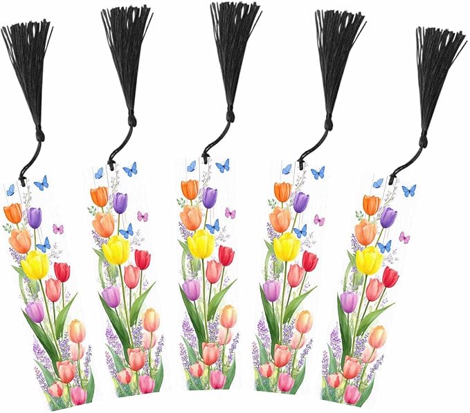 Tulips Flower 5 Pcs Bookmarks Bouquet Art Watercolor Butterflies Wooden Bookmarks with Tassel for Students Reader Teachers Book Lovers