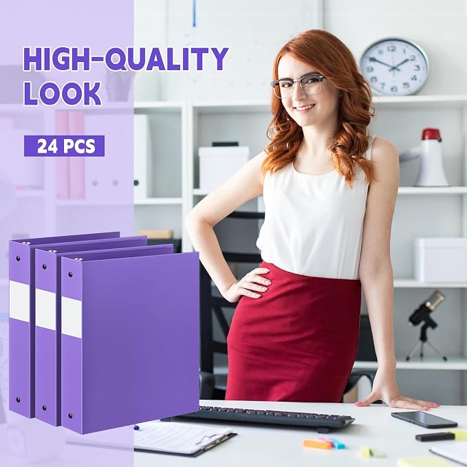 Henoyso 24 Pcs Purple 1.5" 3 Ring Plastic Binder Bulk, 1 1/2 Inch Soft Flexible Binders Round Rings, Fits Letter Size 8.5'' x 11'' Paper, Holds 350 Sheets, for School Office