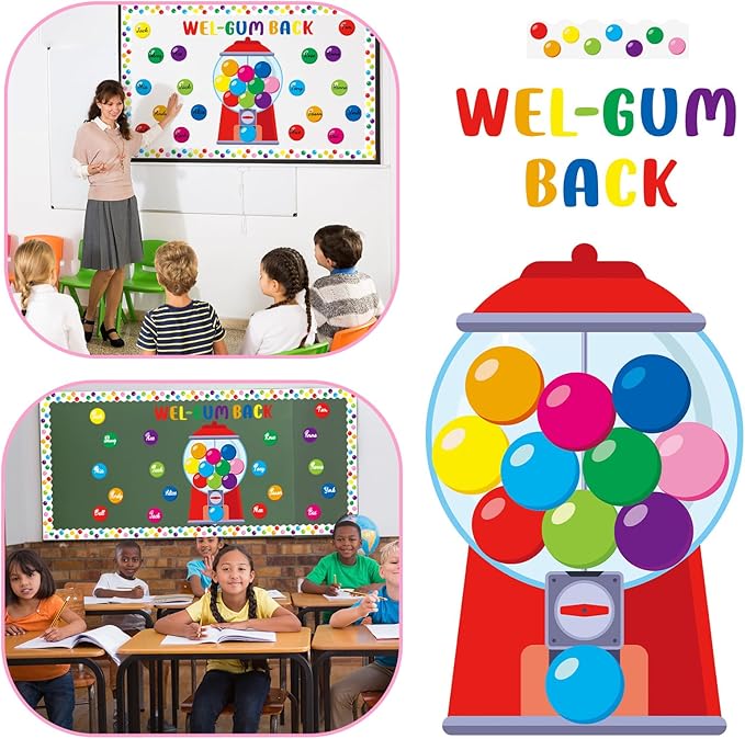 Gilprop 100 Pcs Gumball Machine Bulletin Board Decoration Set Colorful Bubble Gumballs Borders Cutouts for Back to School Classroom Welcome Candy Theme Chalkboard Wall Decor