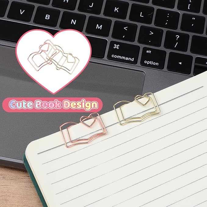 Book Shape Paper Clips Bookmark, 30pcs Stainless Steel Book with Heart Paper Clip Gold and Rose Books Bookmark Funny Paperclips with Heart Document Organization Office School Desk Wedding Deco
