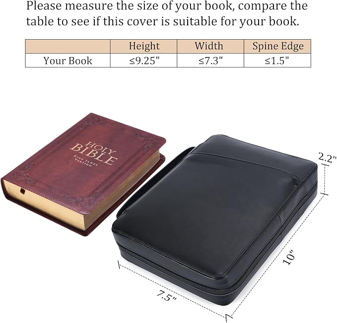 Polare Napa Leather Bible Cover Church Bag 10x7.5x2.2 inch Carrying Book Case Bible Protective with Handle and YKK Zippered Pocket (Black)