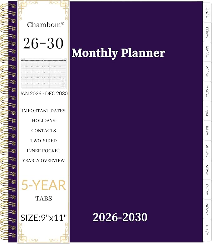2026-2030 Monthly Planner 5 Year Monthly Planner/Calendar 2026-2030, Jan 2026 – Dec 2030, 9" x 11", Tabs, Double-Side Pocket, Holidays, Thick Paper - Purple