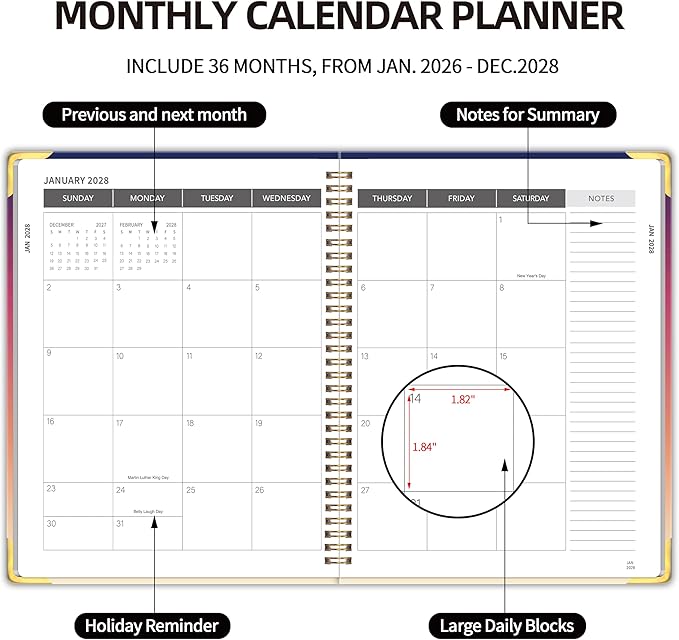 Monthly Planner 2026-2028, 2026 Calendar 36 Months Planner, Jan. 2026 - Dec. 2028, 8.5" x 11",Hard PVC Cover with Spiral Bound, Perfect for School & Office for Women & Men - Gradient Purple