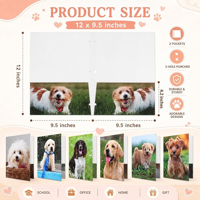 Handepo 18 Pcs Cat Dog Pocket Folders 2 Pocket Letter Size 3 Ring Pet File Folder Portfolio Kitten Decorative Folders for Teachers Students School Office Party Supplies 12x9.25 Inch (Dog)