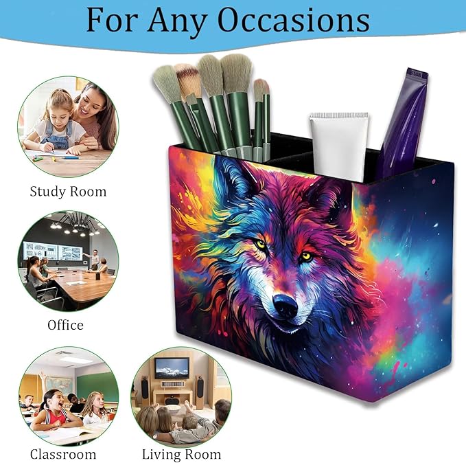 Pen Holder, Pencil Case, Makeup Brush Storage Box, Tableware Storage Box, Suitable for Office Or Home Item Organizing Stand - Colorful Space Wolf