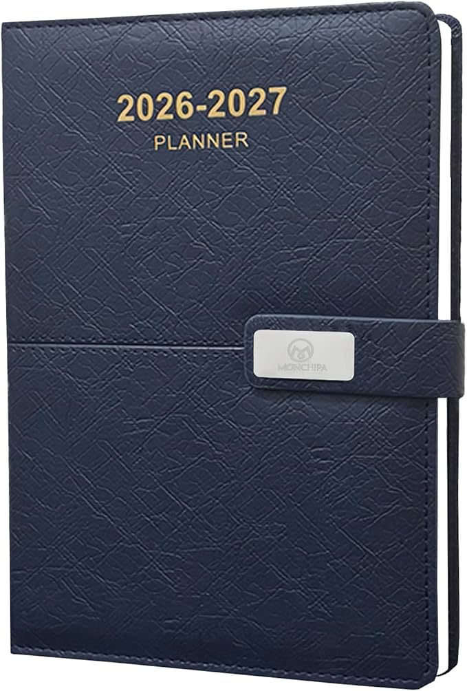 2026-2027 Daily Planner - One Page per Day, 2026-2027 Hourly Daily Calendar(July 2026 - June 2027), 5.7" x 8.26" Appointment Book, Leather Cover + Thick Paper (26-27 Navy Blue)