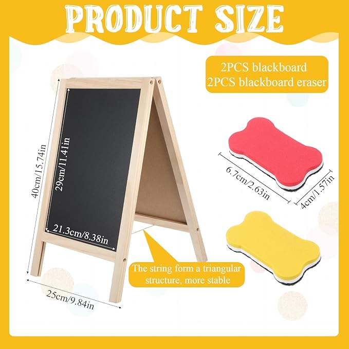 2 Pcs Chalkboard Easel, with 2 Erasers, 15.7x9.8 in Tabletop Stand Chalkboards, Double-Sided A Frame Chalkboard Sign, Tabletop Menu Wooden Board, for Menu, Kitchen, Restaurant, Bar, Wedding, Home Dec