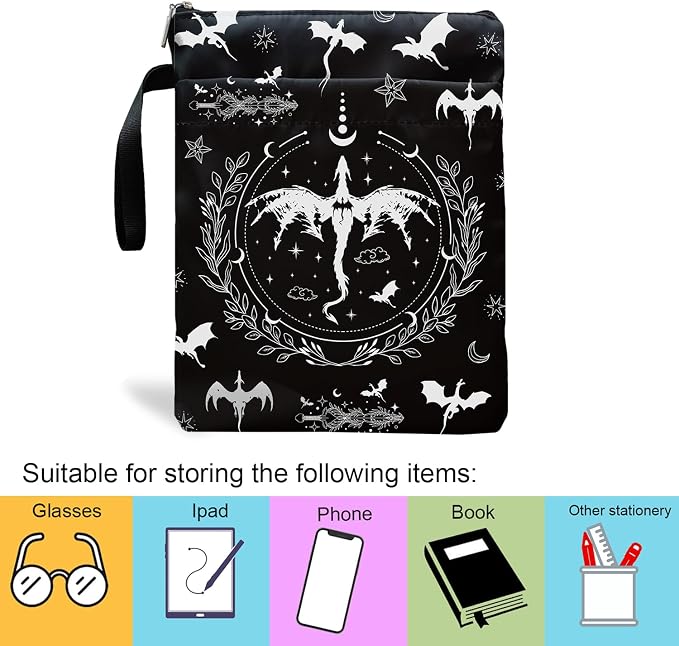 Romantasy Dark Academia Dragons Book Sleeve, Fantasy Novel Reader Gift, Bookish Gifts, Book Inspired Gift, Paperback Book Protector Book Cover Dragons Lovers Book Gifts (Dragons Book Pouch-Black)