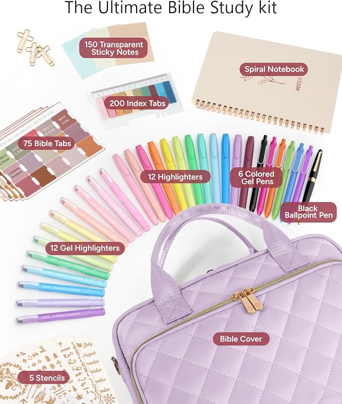 BellaHold All-in-One Bible Journaling Kit – Quilted Bible Cover Case for Women, 31 Highlighters, 75 Tabs, Bible Study Supplies & Christian Gift for Women and Teens (Shoulder Strap, Light Purple)