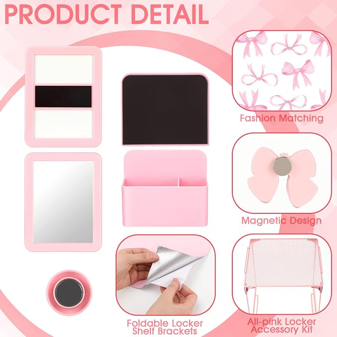 Watersay 115 Pcs Pink Locker Accessories Kit Foldable Locker Shelf Decorations for Girl Pink Bow Pen Holder Magnetic Mirror Coquette Stickers Background Whiteboard Ribbon Back to School Essentials