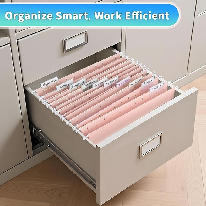 25-Pack Pink Hanging File Folders, Letter Size with 1/5-Cut Tabs, 35 Transparent Label Cards & 50 Sticker Labelsfor Home & Office Organization
