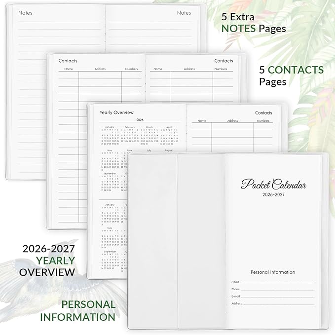 Pocket Calendar 2026-2027, Monthly Planner 2026-2027 - Runs from January 2026 Until December 2027-6.7" x 3.7", Bird Calendar Planner with PVC Cover for Planning, Organizing and Office