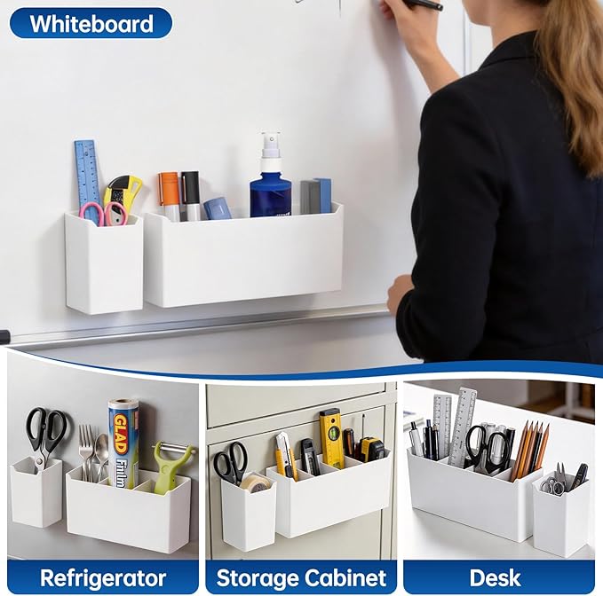 FRETONBA 2 Pack Magnetic Dry Erase Marker Holder, Large & Small Whiteboard Organizer with Removable Dividers, Magnetic Pen Caddy for Refrigerator Locker Office