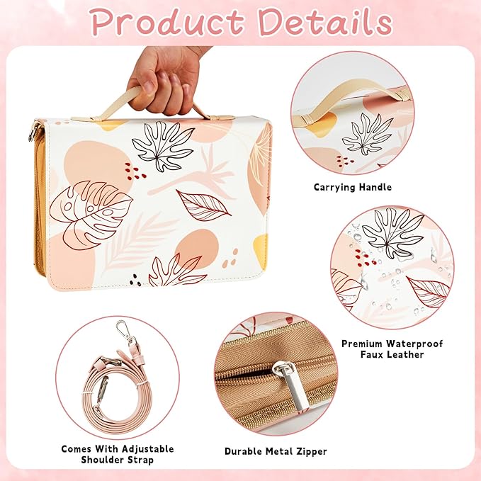 19PCS Leaves Design Leather Bible Cover for Women Boho Bible Cover Cases for Teen Girls Christmas Gift Christian Church Carrying Bag Journaling Kit with Shoulder Strap Highlighter Pens Book Marker