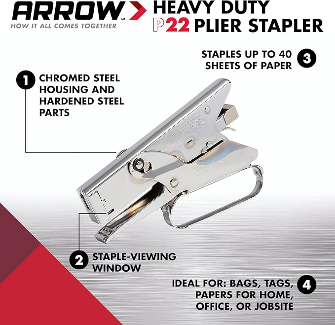 Arrow Fastener P22 Heavy Duty Handheld Plier Stapler for Crafts, Office, and Insulation, Uses 1/4-Inch and 5/16-Inch Staples
