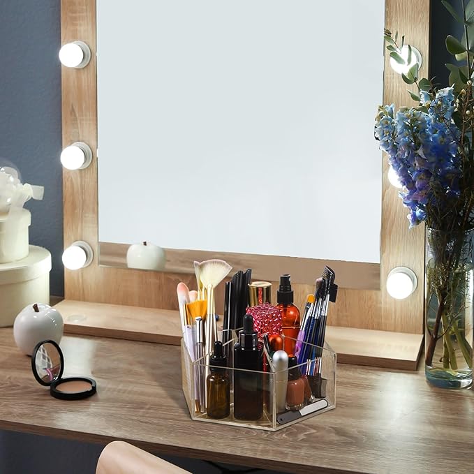 Zonon Acrylic Pen Holder Pencil Organizer 360 Degree Rotating Art Pencil Holder Organizer with 7 Compartments Acrylic Hexagon Pen Cup for Home Office Supplies(Clear)