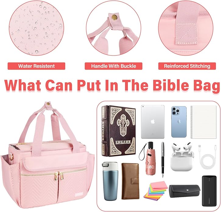 Bible Cover Case for Women,Bible Tote Bag with Shoulder Strap,Church Bag with Multiple Pockets for Bible Study Accessories