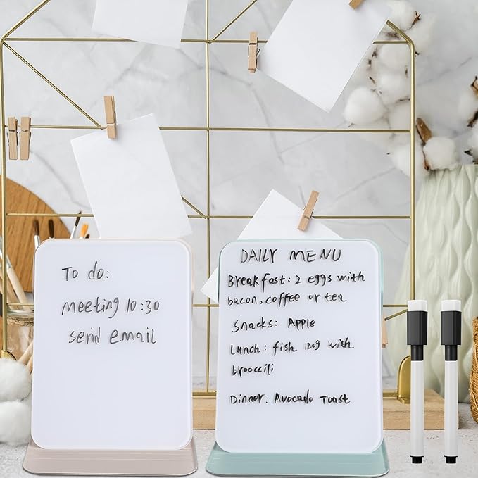 Dunzoom 2 Pcs Small Glass Desktop Whiteboard with Reversable Stand 8 x 6 Inch Mini Dry Erase White Board Easel with 2 Markers Reusable Desk Notepad for Home Office School Supplies (White,Green)