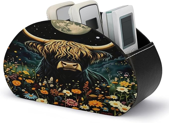 Highland Cow Starry Night Art Remote Control Holder with 5 Compartment PU Leather Multi Functional Desk Storage for TV Remotes Office Supplies