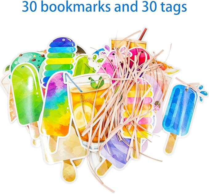 Ceiba Tree Summer Bookmarks with Ribbon Watercolor Double-Sided Ice Cream Cold Drink Theme Reading Bookmarks End of the Year Tags for Kids Students Back to School Graduation Classroom Supplies