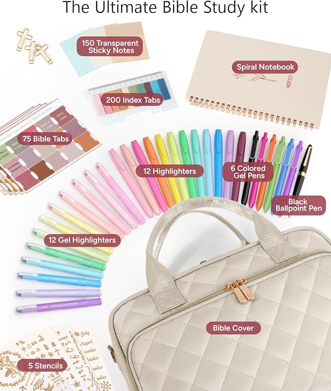 Bible Journaling Kit – Quilted Bible Cover Case for Women, 31 Highlighters, 75 Tabs, Bible Study Supplies & Christian Gift for Women and Teens (Shoulder Strap, Beige)