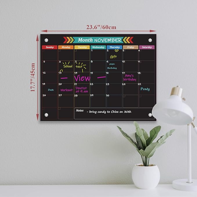 Glass Dry Erase Whiteboard, Color Monthly Calendar Whiteboard, 18" x 24",Frameless Glass White Board for Home, School, Office, Black Surface(BoLi-Color-4560)