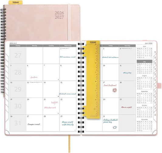 POPRUN 2026-2027 Monthly Planner, Large 8.5" x 10.5", 18 Month Calendar (July 2026 to December 2027) with Expense Tracker, Notes Pages, Sprial Bound, Leather Softcover - Pink