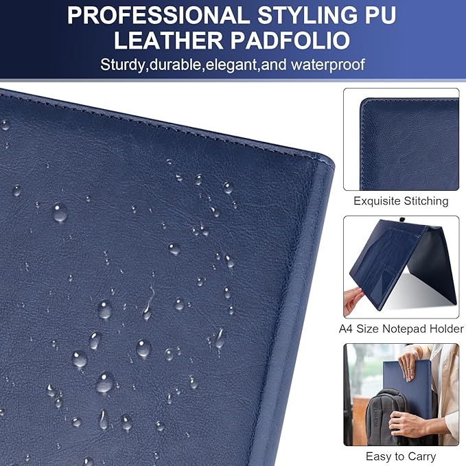 Clipboard Padfolio with Storage Pocket,Clipboard Folder Portfolio Organizer,360 Degree Foldable Clipboards with Refillable Notepad,Faux Leather Padfolio Organizer for Office School Supplies-Blue