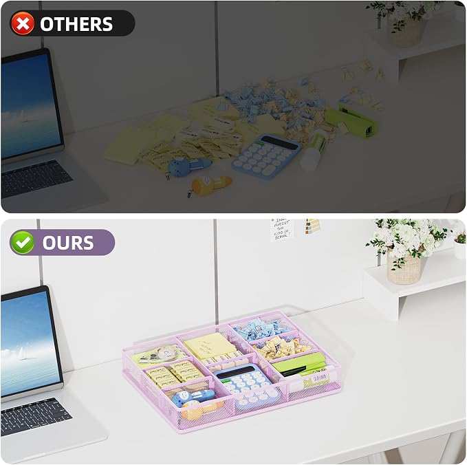 Marbrasse Desk Drawer Organizer, Metal Mesh Drawer Organizer Tray with 5 Adjustable Compartments,Desk Organizers and Accessories for Home,Office,Kitchen,Makeup,Vanity (Purple)